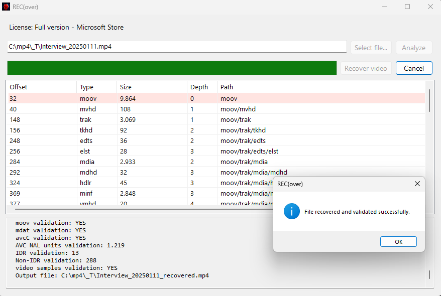REC(over) analyzing and validating a recovered MP4 file